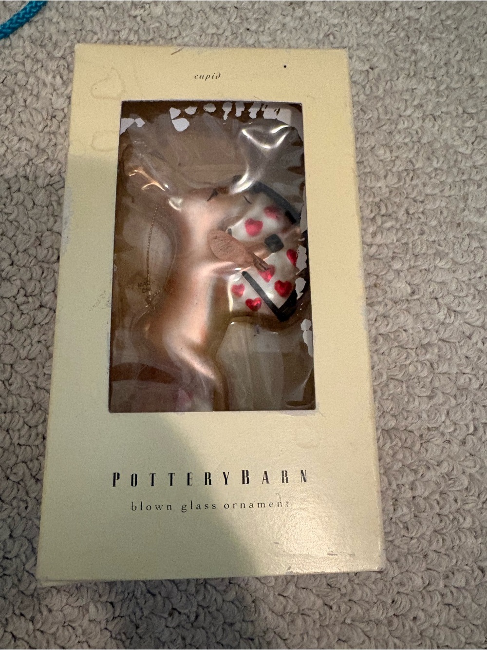 Pottery Barn Blown Glass Cupid Ornament - Rose Gold with Red Hearts NWB